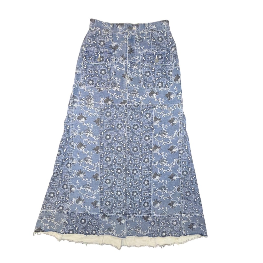 Hysteric Glamour Floral Print Denim Maxi Skirt Blue Patchwork Raw Hem Womens
